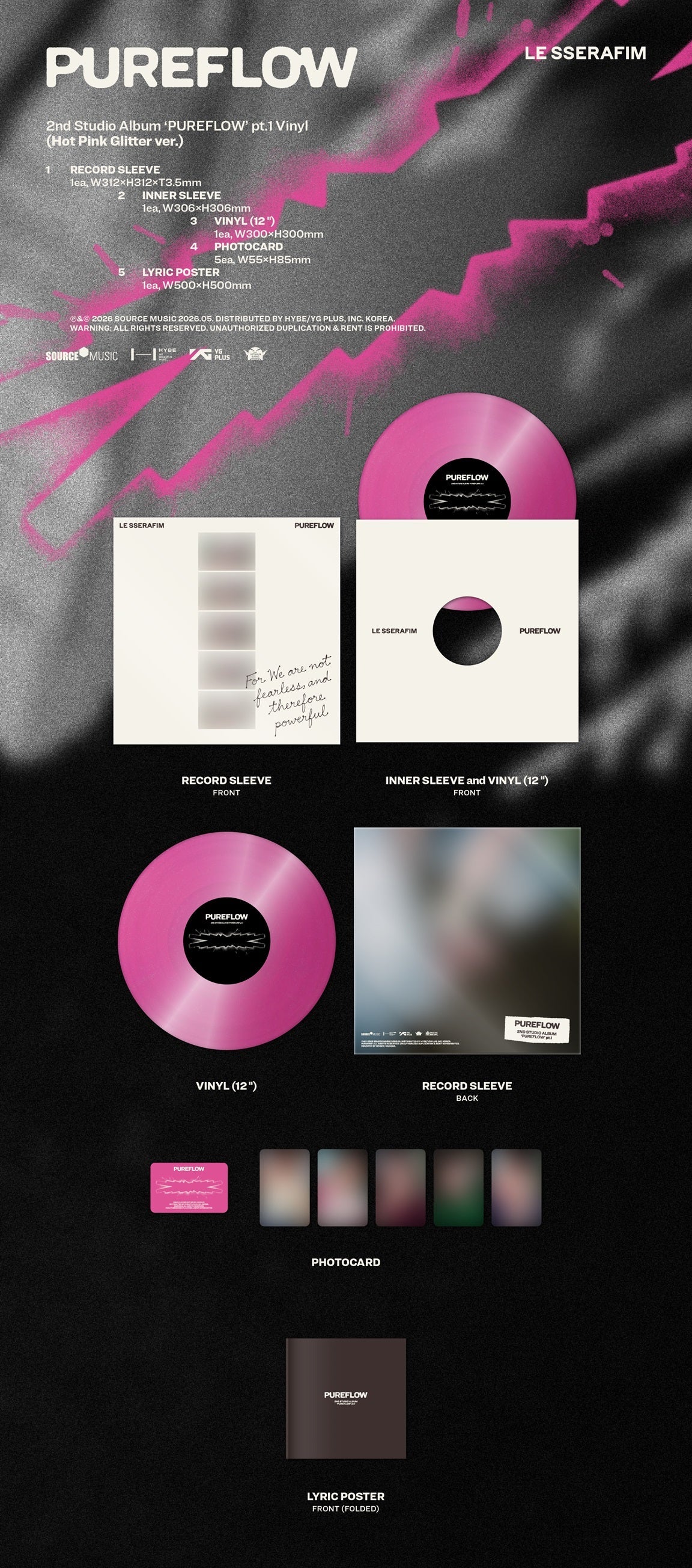 LE SSERAFIM "2nd Studio Album ‘PUREFLOW’ pt.1 Vinyl" LP (Indie Exclusive Electric Hot Pink Glitter Version)