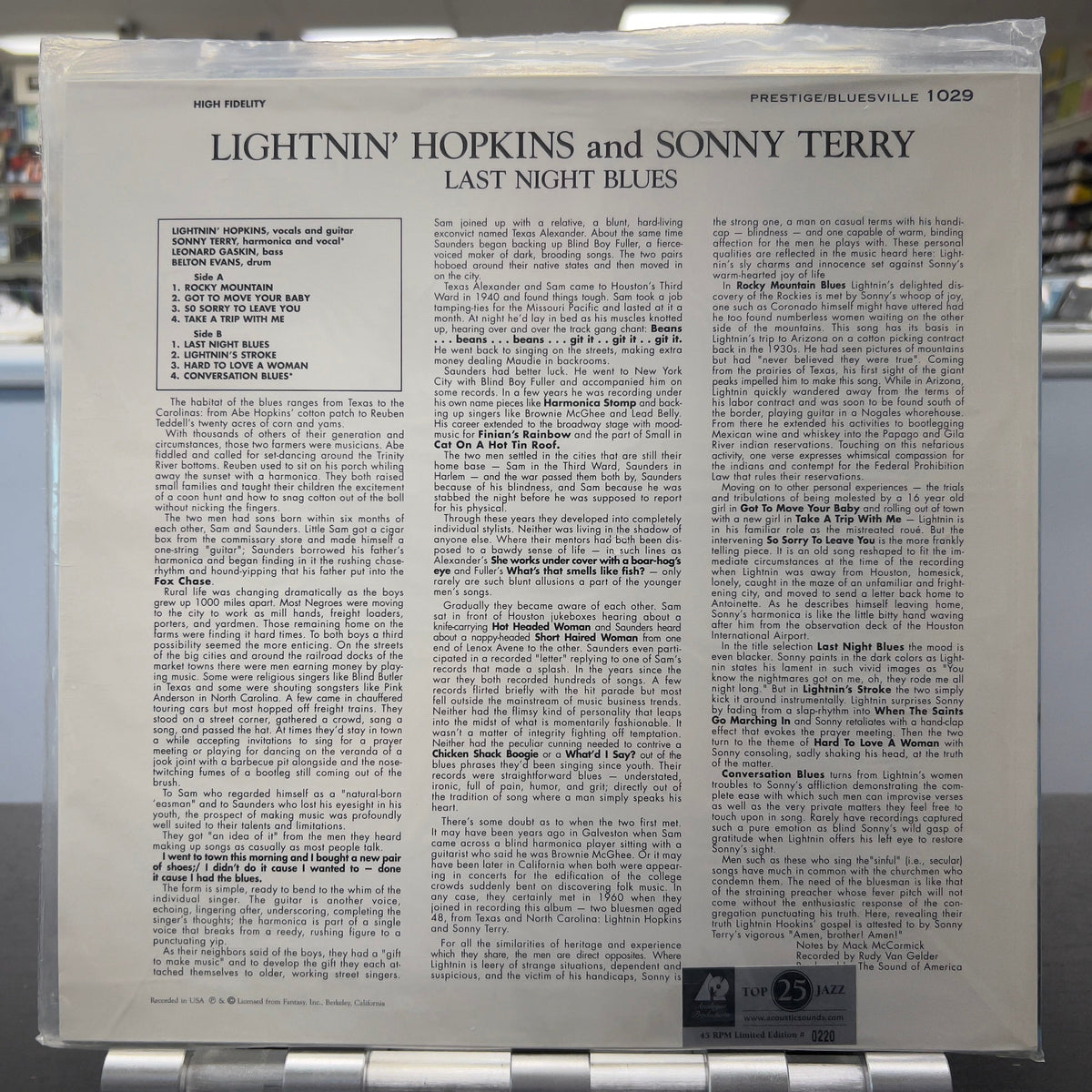 Lightnin' Hopkins With Sonny Terry - Last Night Blues - Analogue Productions 45rpm LP