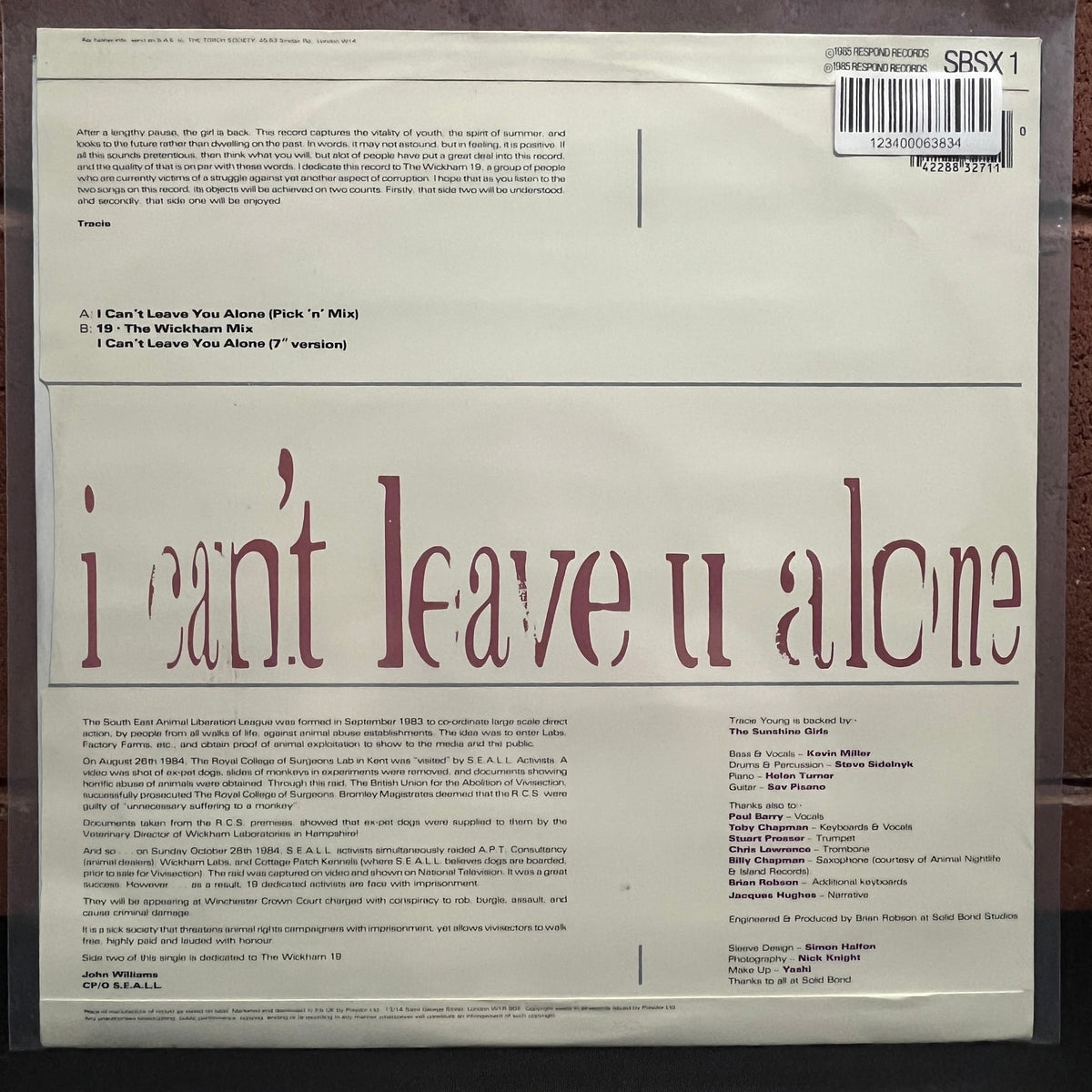 Used Vinyl: Tracie Young "I Can't Leave You Alone" 12" (1985 UK Press)