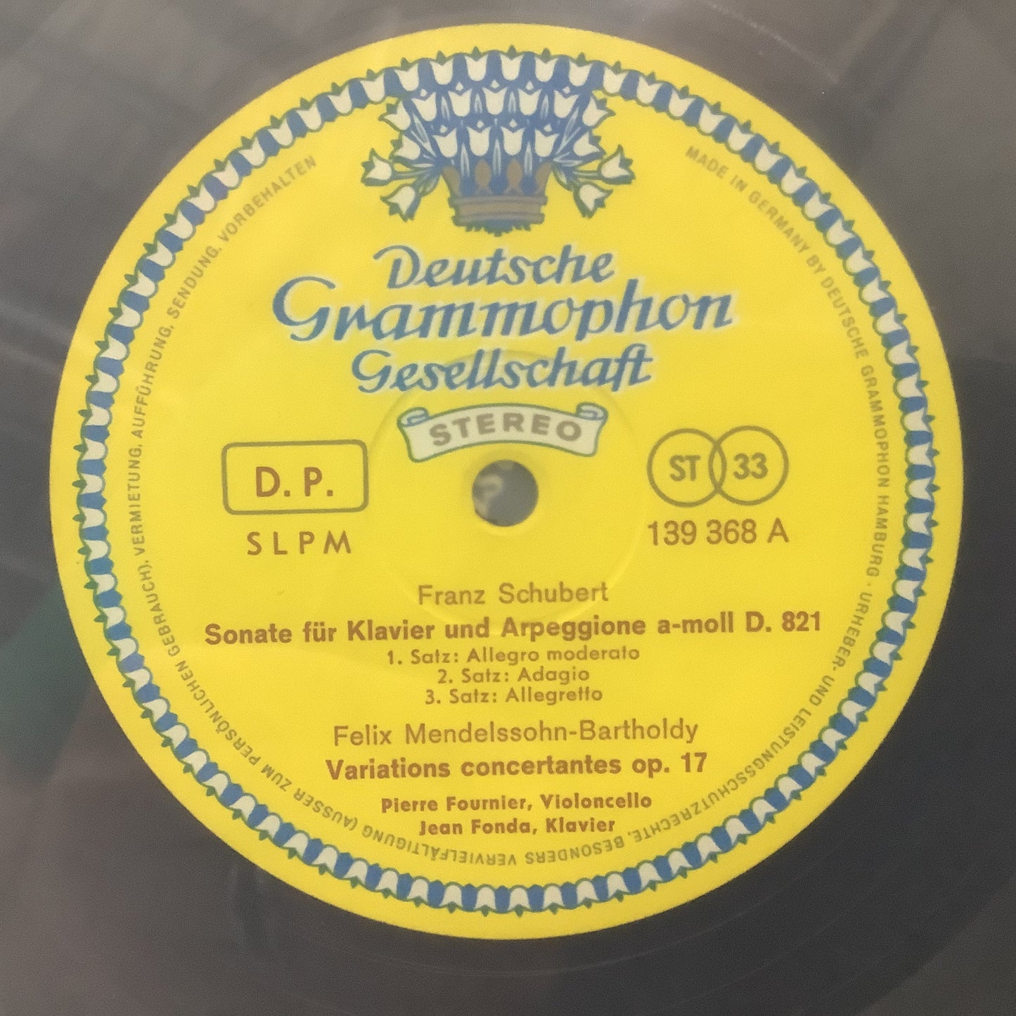 Schubert / Mendelssohn / Schumann / Fournier / Fonda – Sonate Pour Arpeggione Et Piano / Variations Concertantes / 3 Fantasiestucke - 5 Pièces Dans Le Ton Populaire - LP