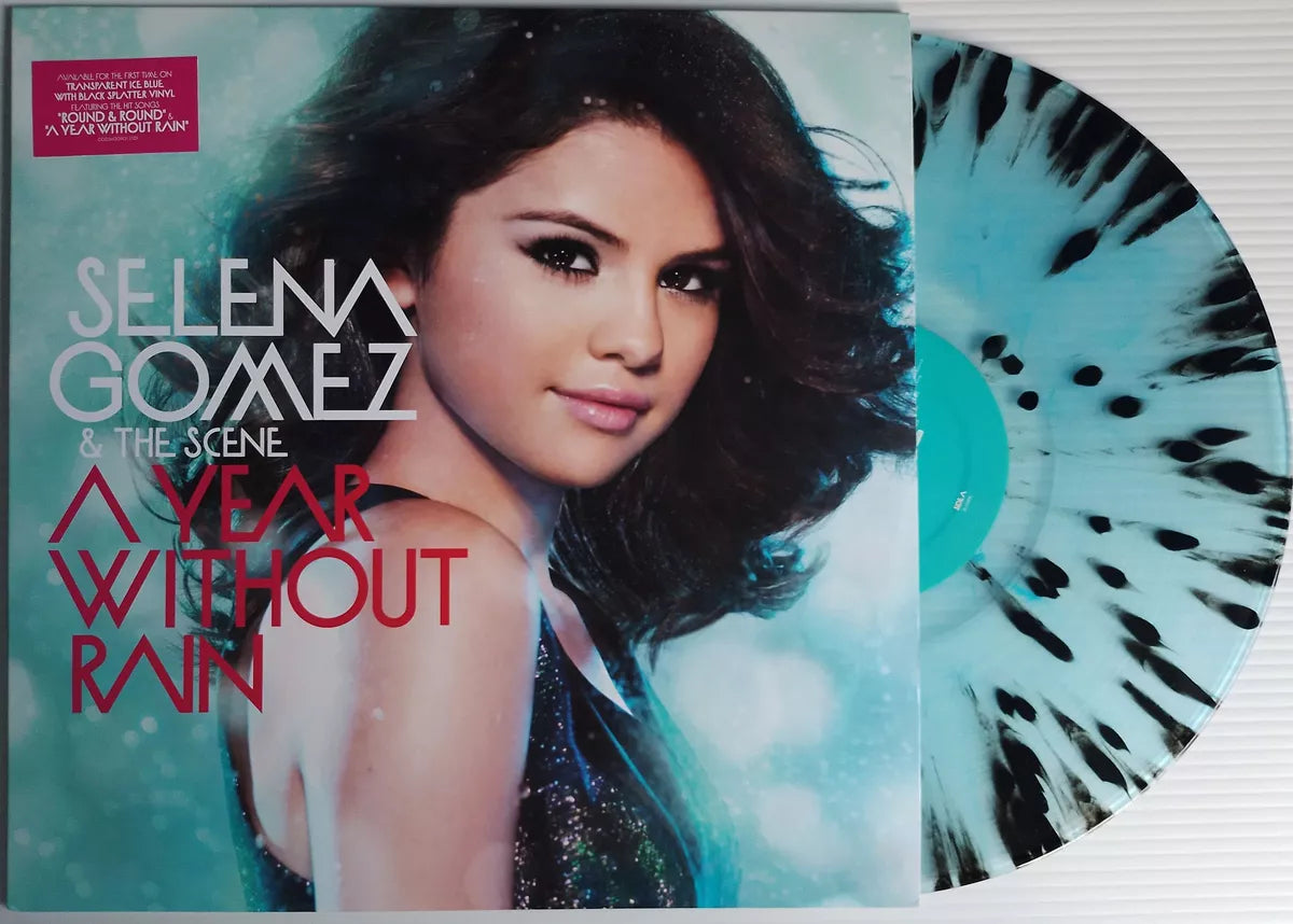 DAMAGED COVER: Selena Gomez & The Scene "A Year Without Rain" LP (Transparent Ice Blue/Black Splatter Vinyl)
