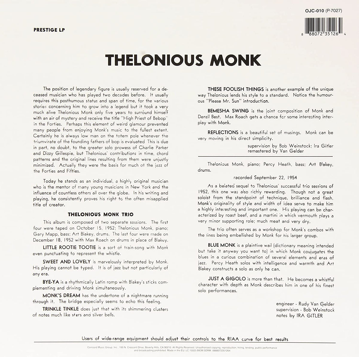 Monk, Thelonious/Thelonious Monk Trio [LP]