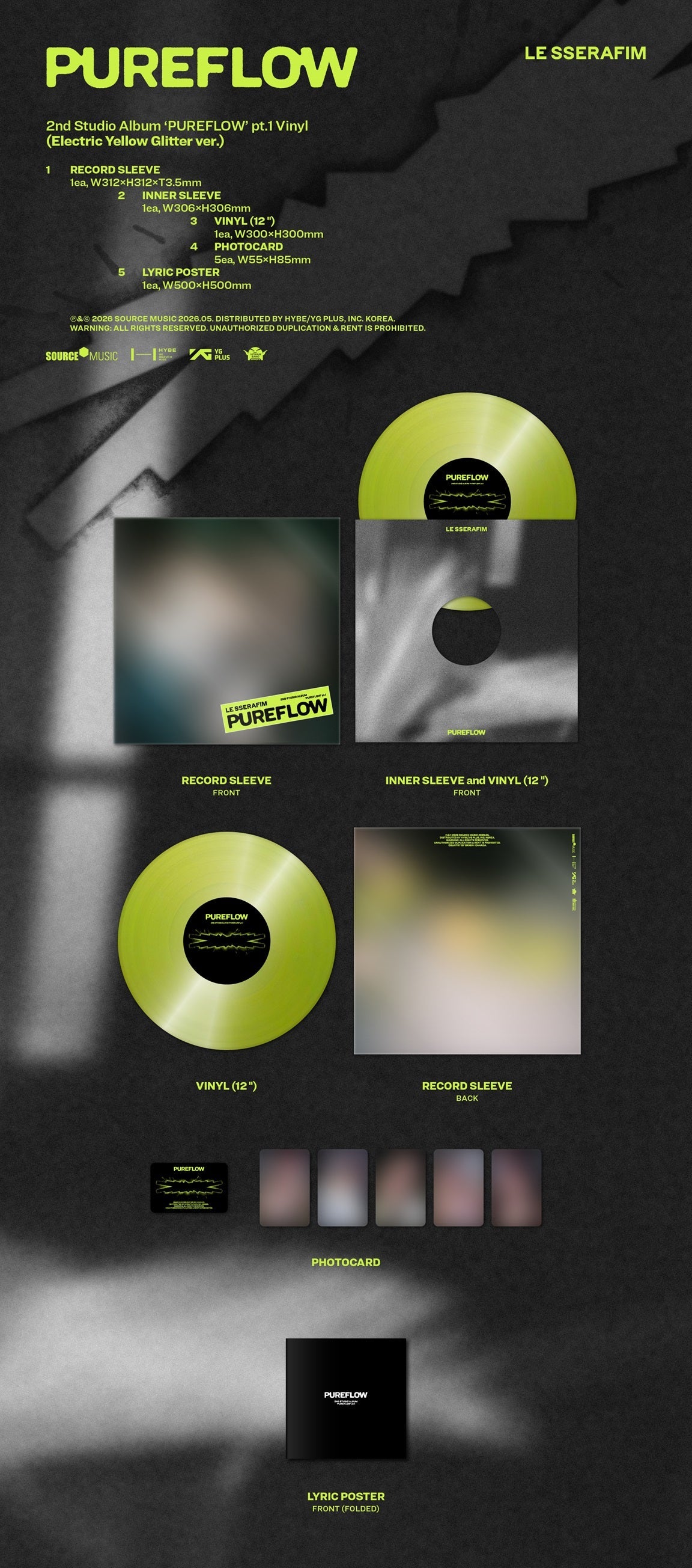 LE SSERAFIM "2nd Studio Album ‘PUREFLOW’ pt.1 Vinyl" LP (Indie Exclusive Electric Yellow Glitter Version)