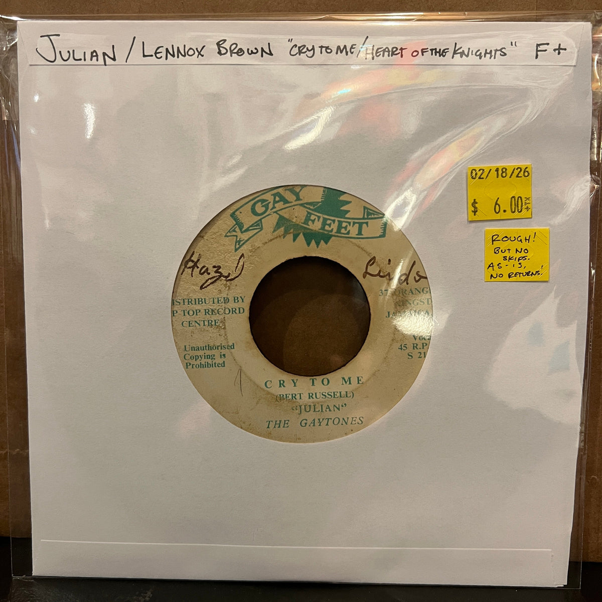 Used Vinyl: Julian / Lennox Brown "Cry To Me / Heart Of The Knights" 7" (1971 Jamaican pressing)