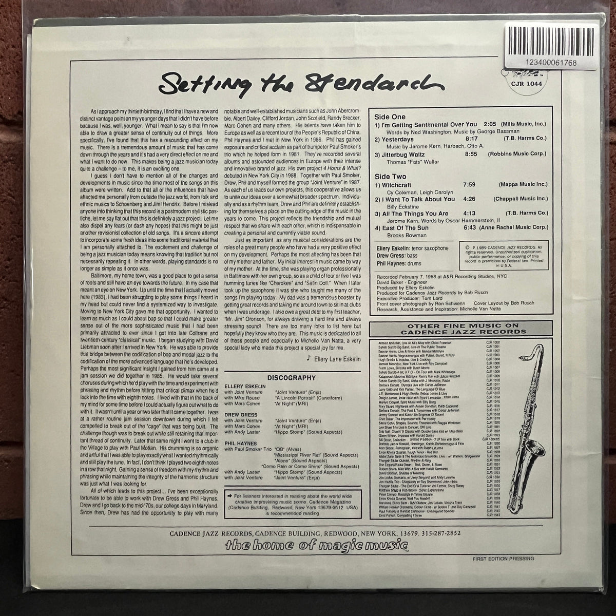 Used Vinyl: Ellery Eskelin With Drew Gress & Phil Haynes ‎"Setting The Standard" LP (1989 Press)